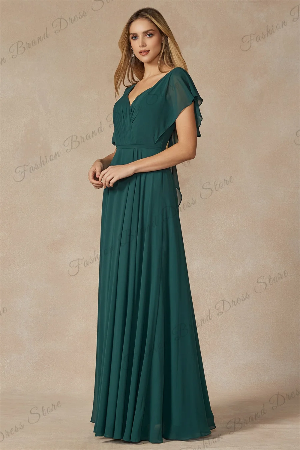 Chiffon Off-the-shoulder V-neck Bridesmaid Dress for Wedding Corset Short Sleeves Formal Evening Gowns A-line Long Prom Gowns