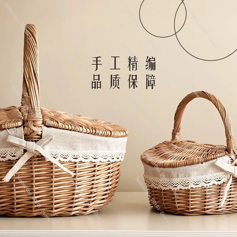 Rustic Wicker Picnic Basket with Lid Insulated Lining Handwoven Willow Storage Tote Portable Outdoor Spring Outing Food view 3