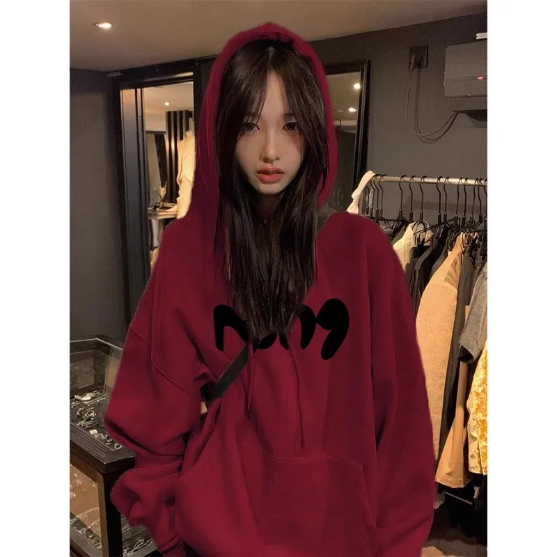 Burgundy Hooded Sweatshirt for Women Spring & Fall Thin Long-Sleeved Niche Design American Vibe High Street Loose Outwear Trendy