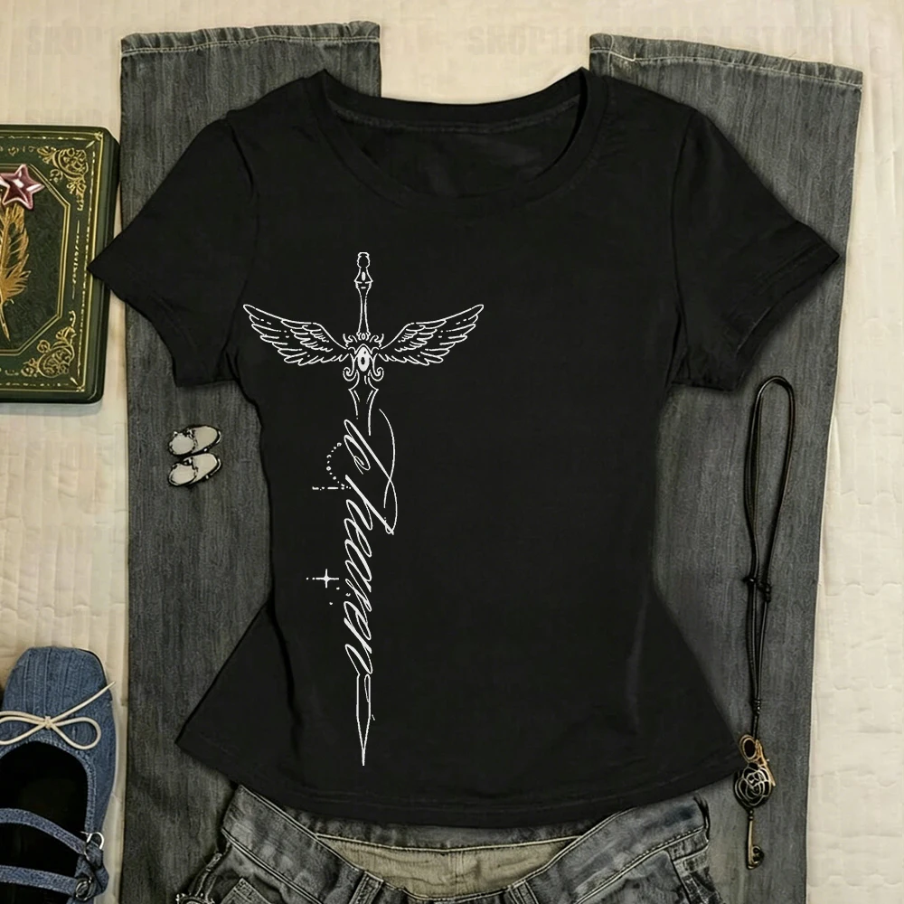 Y2K aesthetic cross printed women's T-shirt retro street punk garbage style summer decoration casual shirt