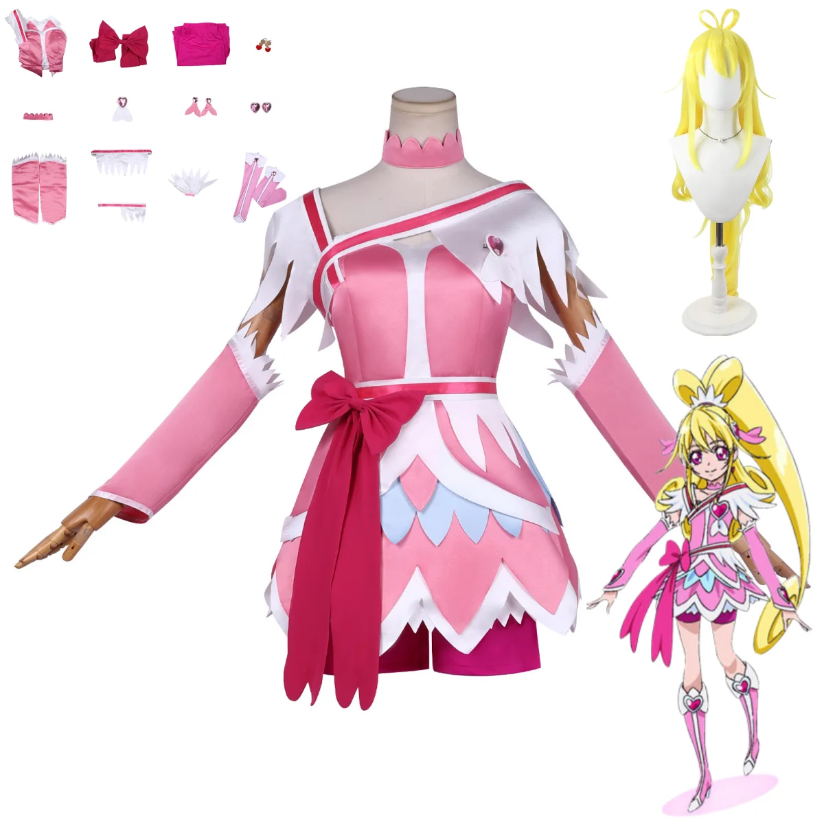 Anime Doki Doki! Disfraz de Cosplay de PreCure Cure Heart, Falda Rosa Lolita, Peluca, Disfraz Sexy para Mujer, Carnaval, Halloween
