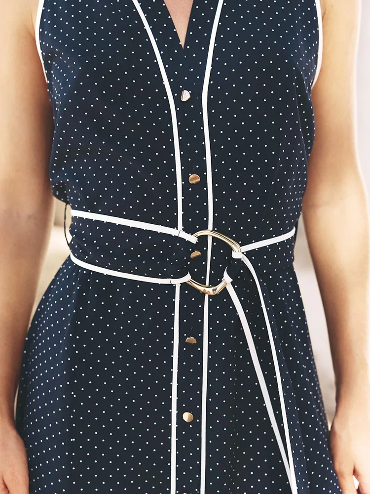 Fashionable Summer New Arrival Women's Dress Polka Dot V-Neck Sleeveless Midi Skirt Elegant Color Block Chinoiserie Style