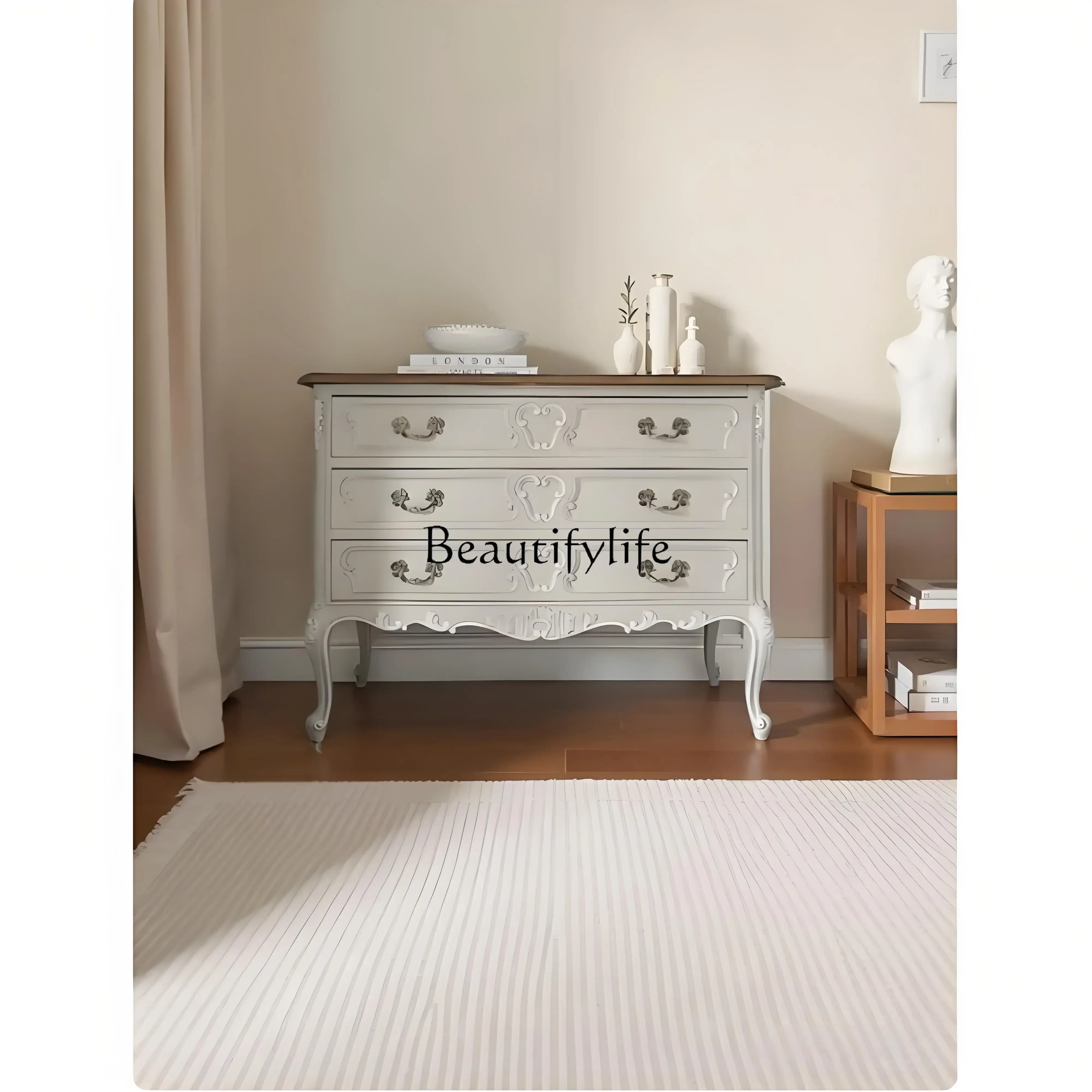 

Ljy*French Style Duplex Solid Wood Chest of Drawers American Style Entryway Storage Shoe Cabinet Antique Carved