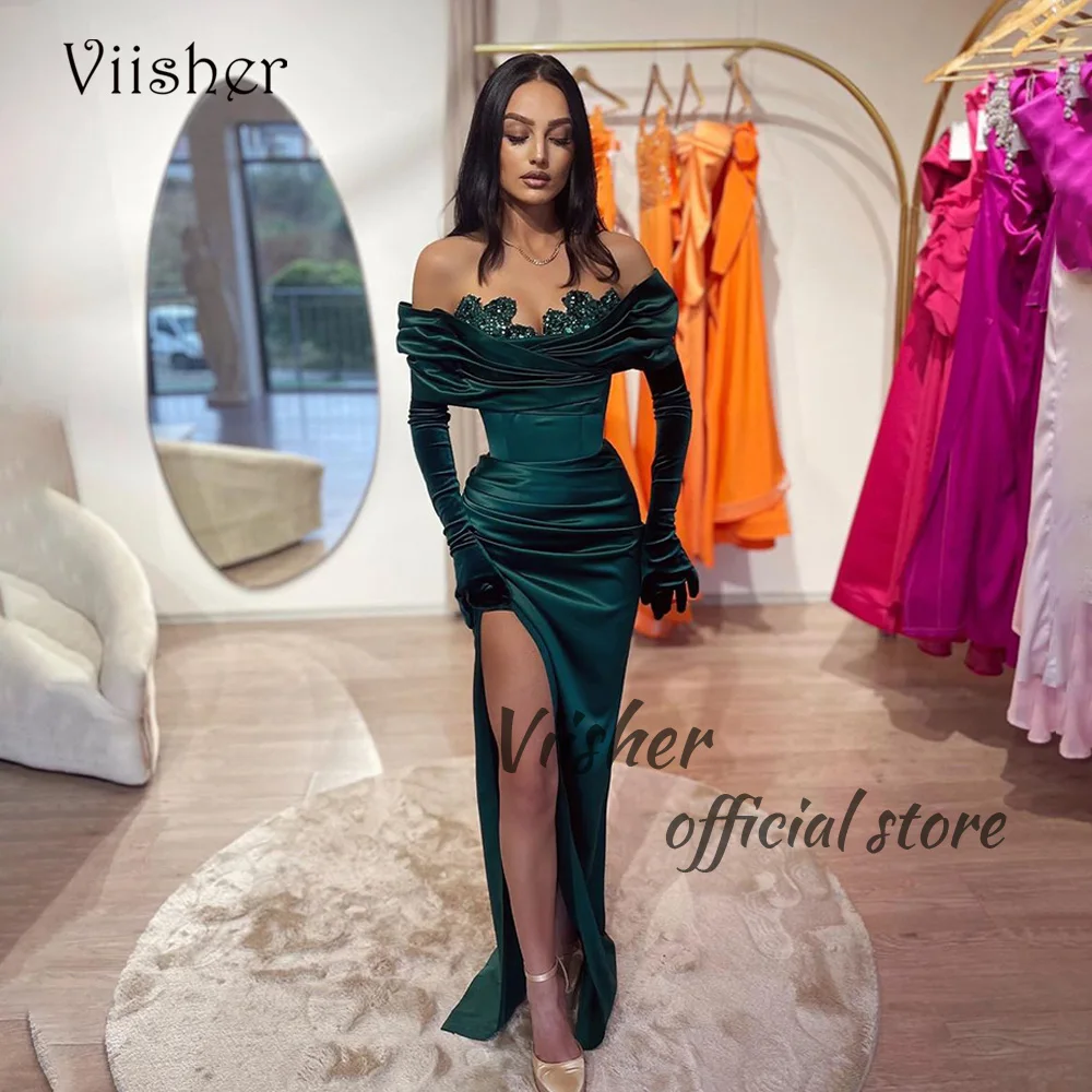 

Viisher Deep Green Satin Mermaid Evening Dresses Off Shoulder 3/4 Sleeve Beads Sweetheart Prom Party Dress with Slit