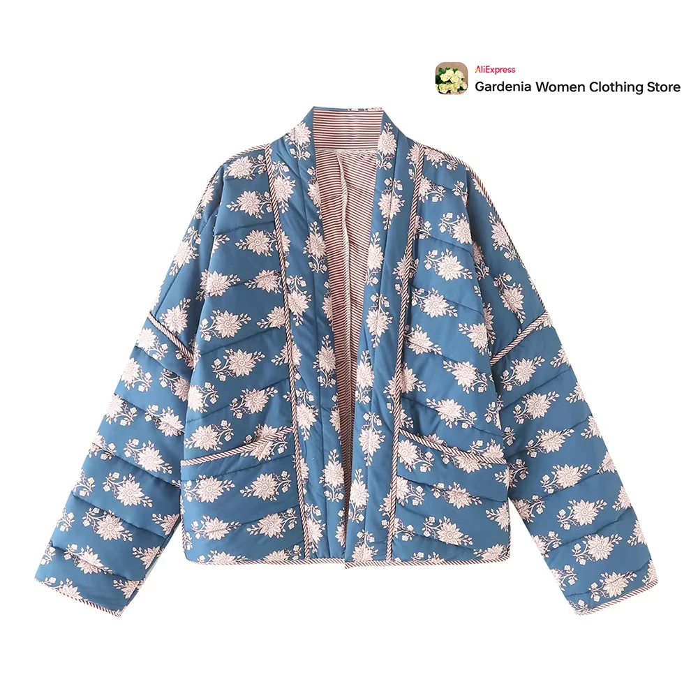 Relaxation Casual Ladies Padded Cost Floral Print Padded Quilting Loose Cardigan Jacket Women High Street Long Sleeve Outer Top