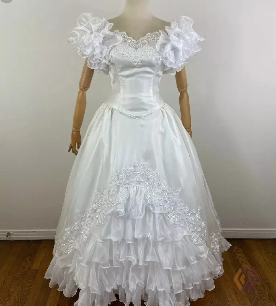 매력적인 1980 년대 소동 웨딩 드레스와 프릴 짧은 소매 골동품 빅토리아 신부 드레스 레이스 벨 의상 신부 사용자 정의