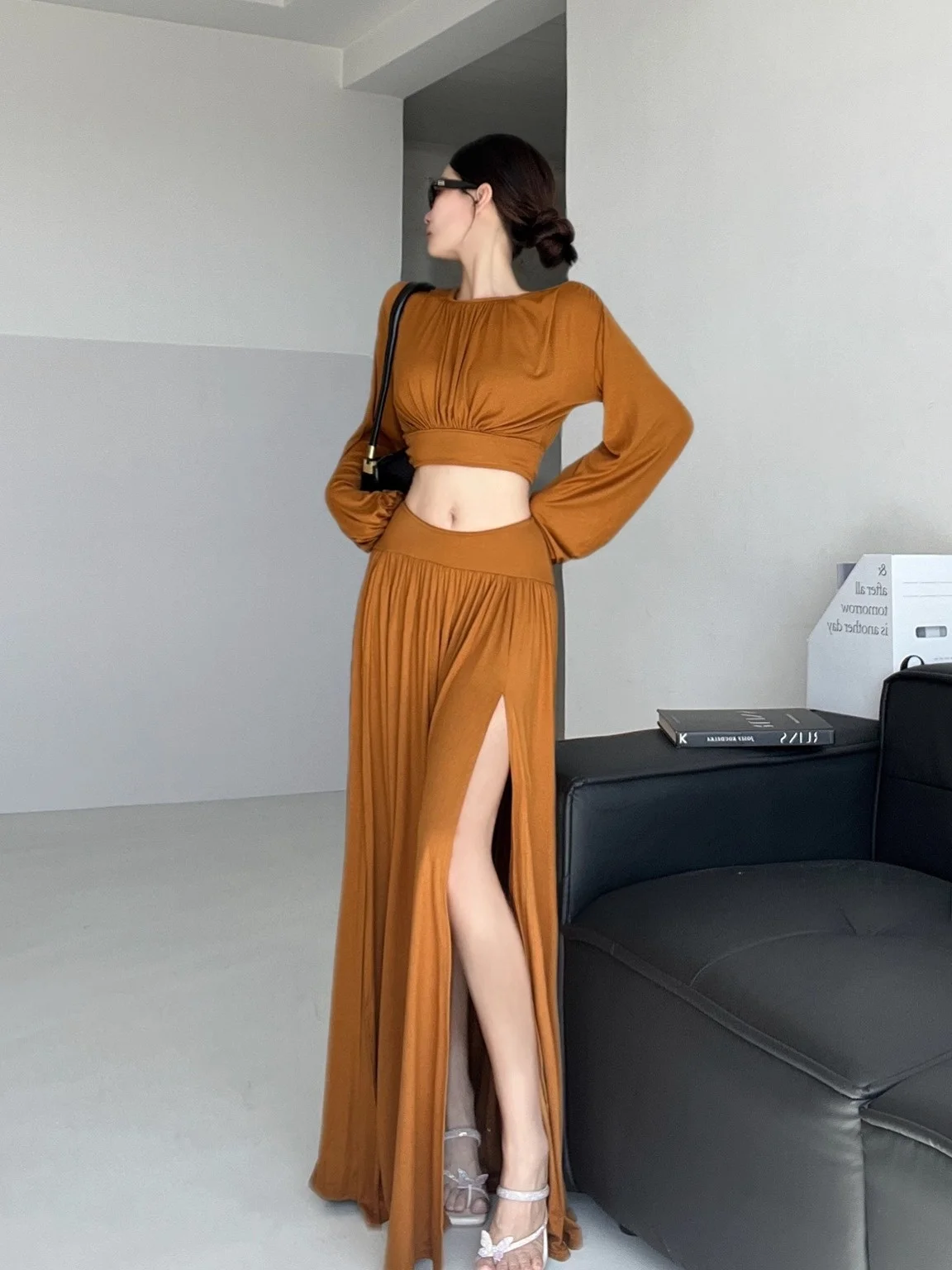 Ele Paars gebreide losse pasvorm Lantern Sve-set Midi-rok met hoge taille rond Ne Long Sve Casual werkkleding Faion-set