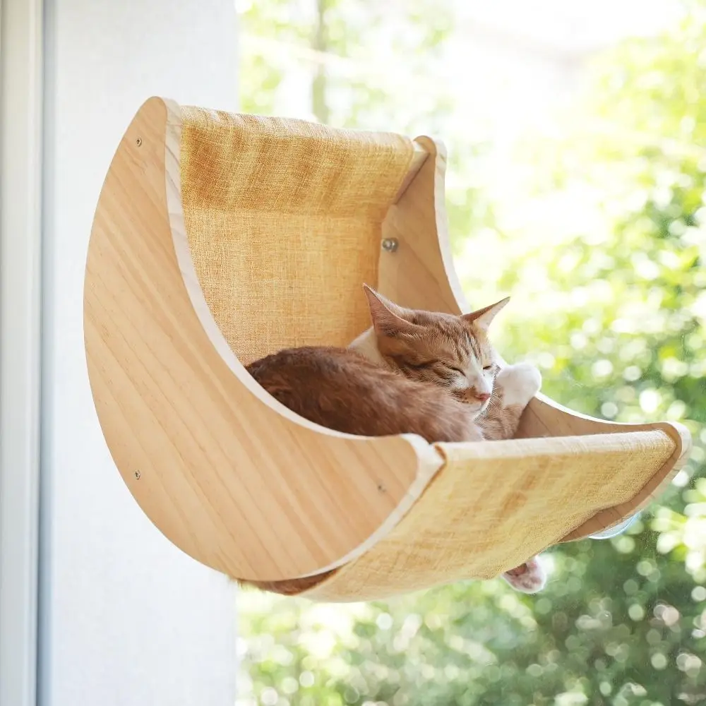 

Cat Shelves Suction Cup Wooden Cat Hammock Hanging Moon Shape Cat Window Perch Detachable No-punching Cat Window Hammock Bedside