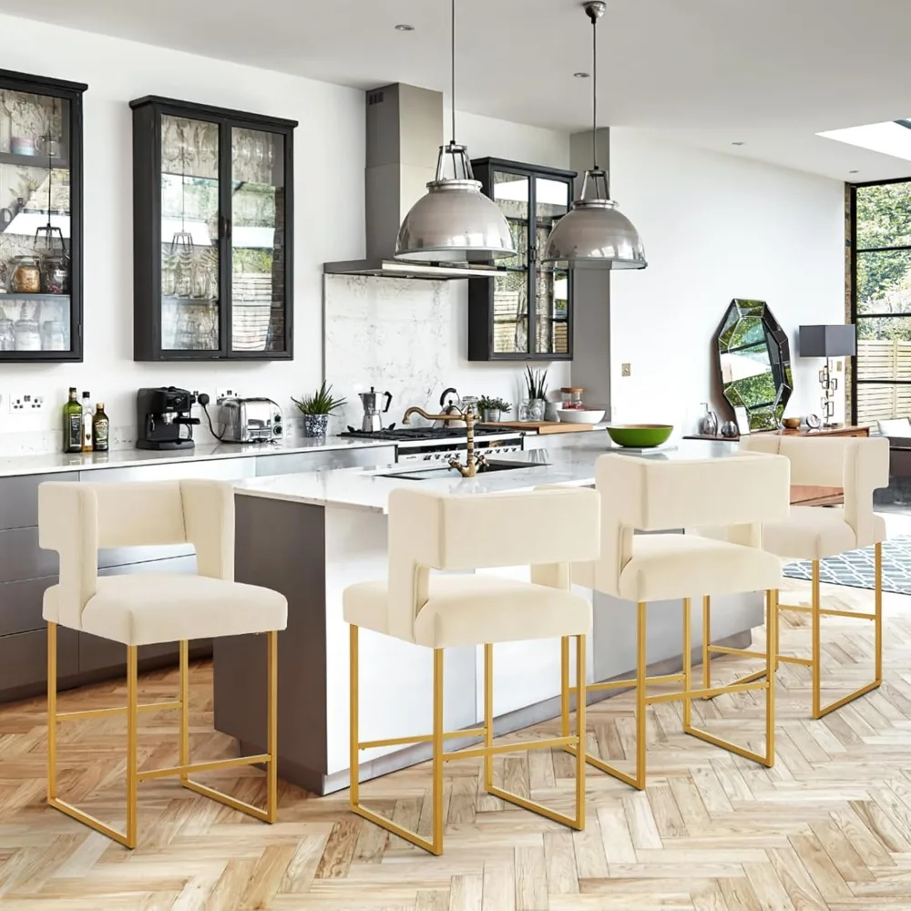 

Luxury-Style 26" H Counter Height Bar Stools Set of 4, Modern Velvet Bar Stools with Square Open Backrest and Metal Frame