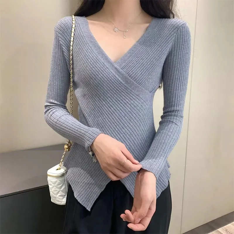 

Women's Autumn Casual Simplicity Solid Color V-neck Long Sleeve Knitwear Women Clothes Fashion All-match Slim Temperament Tops