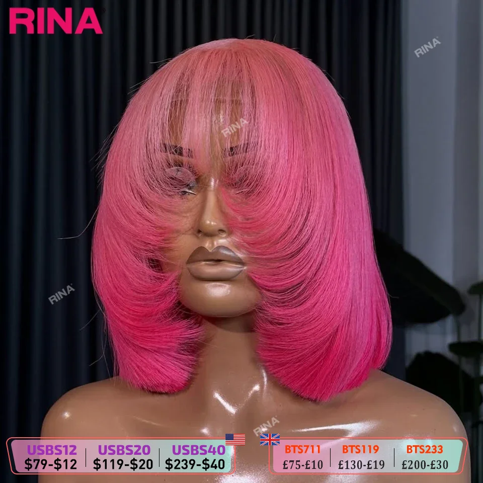 RINA Hot Pink Straight Bob Lace Front Perücke aus Echthaar, 180 Dichte, kurzer Bob, farbige Modeperücke mit Pony, Lace-Perücken für Damen