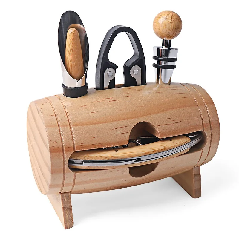 

Набор ручных открывалок для вина из 4 предметов с деревянной подставкой. Практичный инструмент для открывания вина для домашнего использования — идеальный подарочный набор для любителей вина.