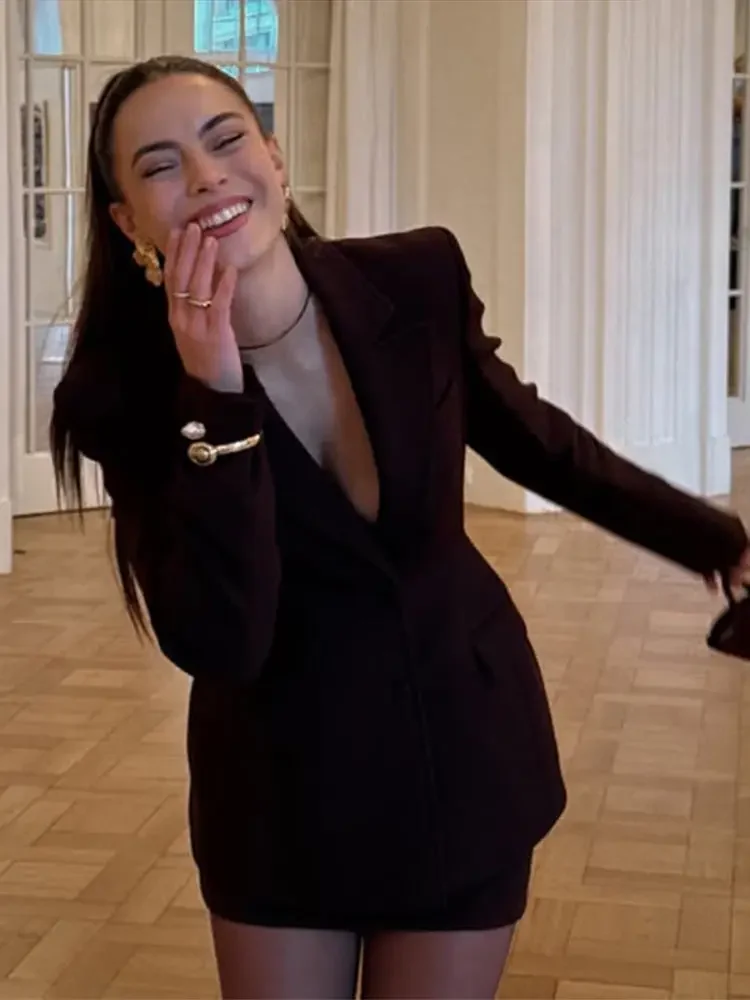 

Turn-Down Collar Waist Cinch Suit Slim Short Skirt Women Set Solid Color Single Breasted Top Slim Mini Skirt Commute Women Sets