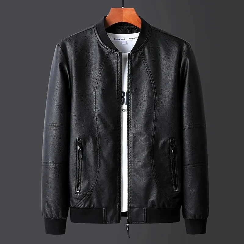 Soft Leather Motorcycle Leather Coat Plush Round Neck Spring Autumn Men Faux Leather Jacket Solid Short Slim Leather Overcoat