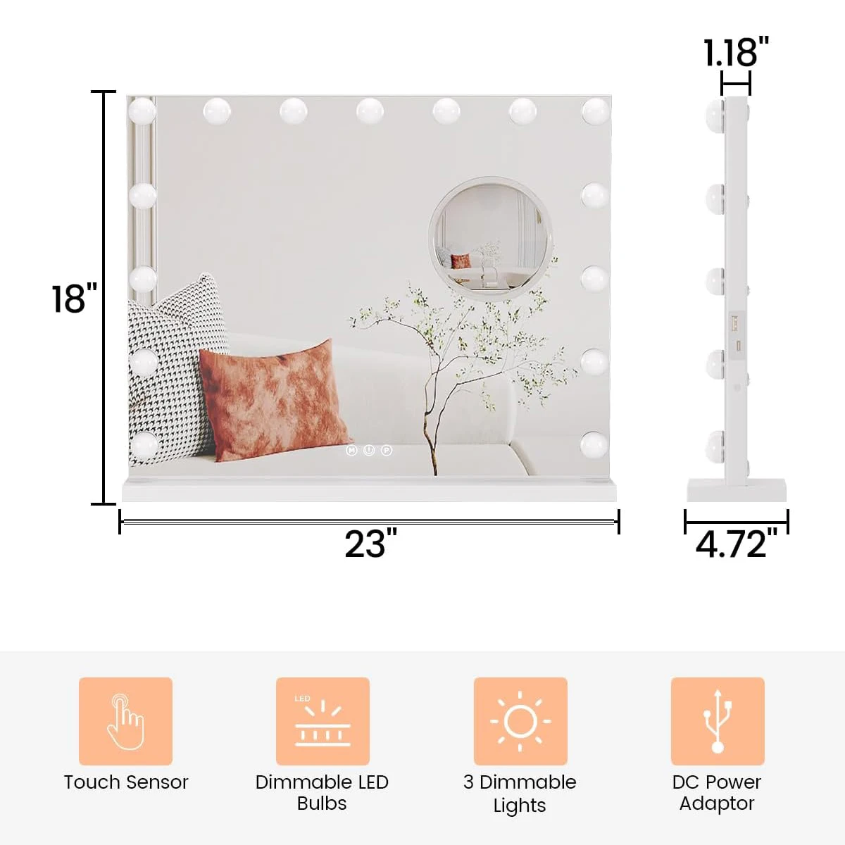 Make-upspiegel met verstelbare LED-verlichting, 3x vergroting Smart Touch-bediening met drie instelbare kleurmodi voor slaapkamer