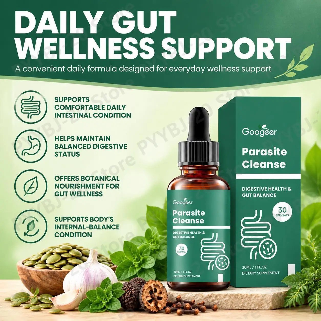 Googeer Gut Balance Drops with Garlic Bulb Extract and Pumpkin Seed Extract, Supports Balanced Digestive Status for 30 Servings
