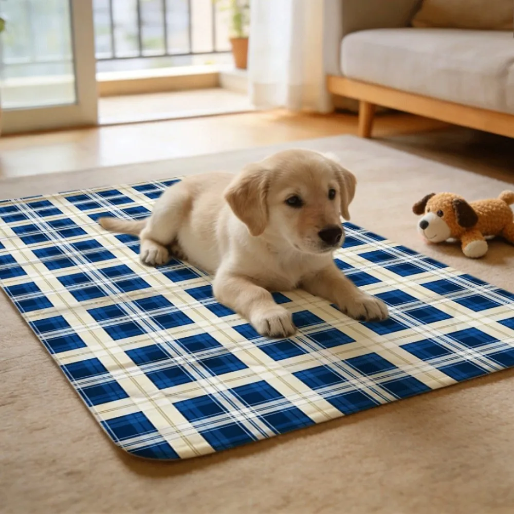 Classic Blue Yellow Checks Machine Washable Reusable Neutral Tone Pet Pads Simple Style Fit Home Decor