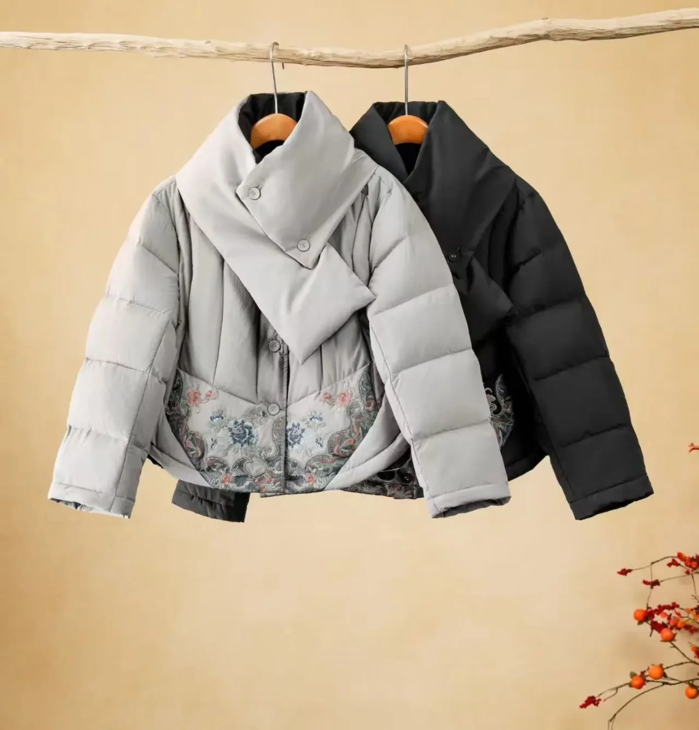 Chinese style down jacket Original embroidered scarf two-piece warm Lightweight puffer winter women's jacket