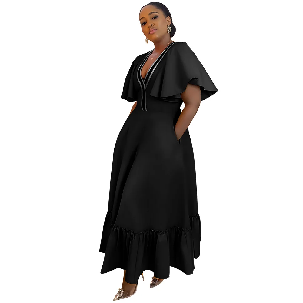 African Dresses Women Dashiki Fashion V-neck Ruffle Sleeve Pleated Casual Summer Nigerian Clothes Africa Long Dress Robe Bazin