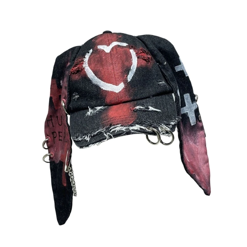 652F Elongated Panel Baseball Cap with Printed Graphics, Distressed Finish and Metal Chain Accents for Expressive Outfits