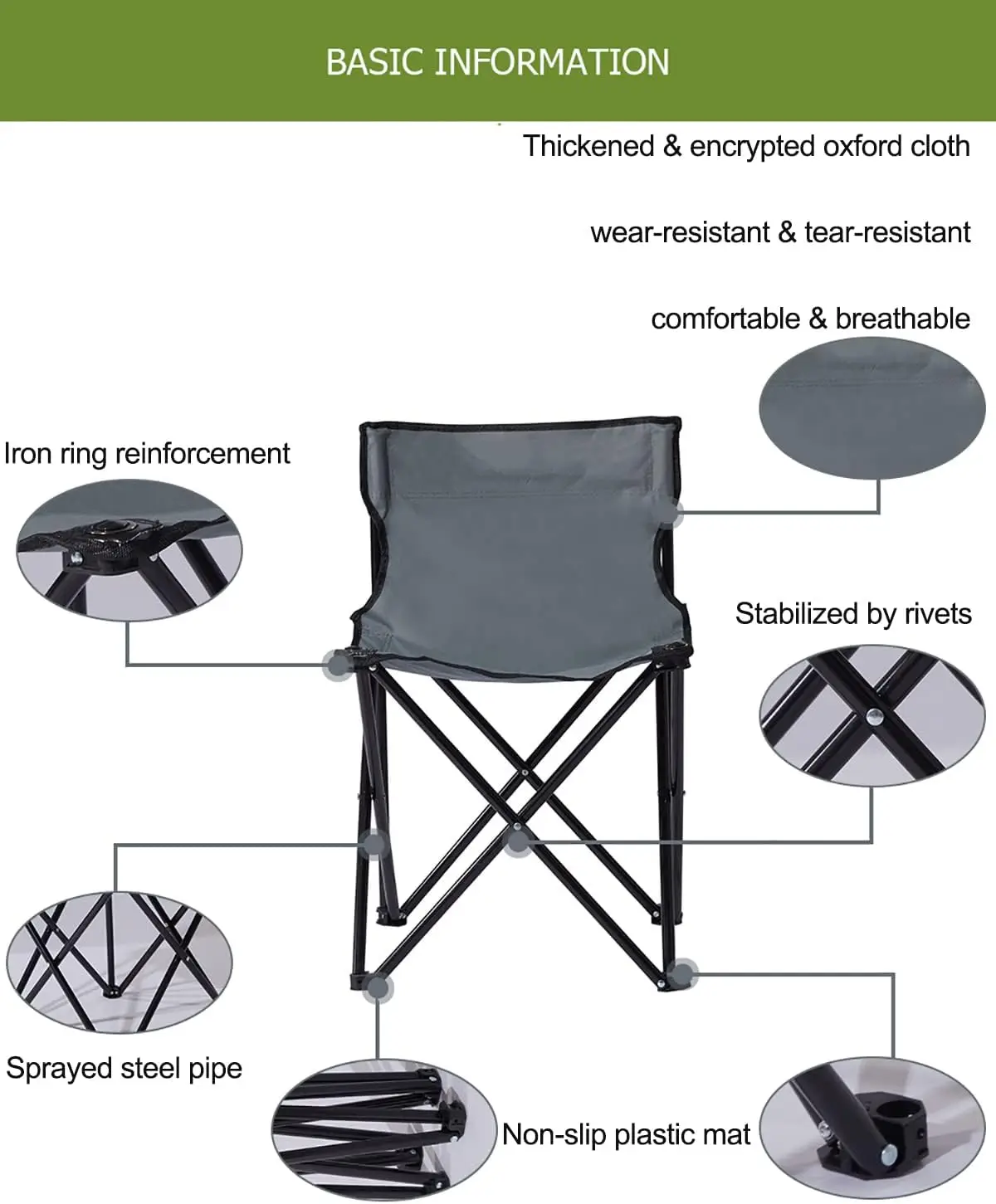 Portable Fast Folding Chair, Ideal for Sauna, Fishing, Lightweight Compact Backpack Chairs, Grey