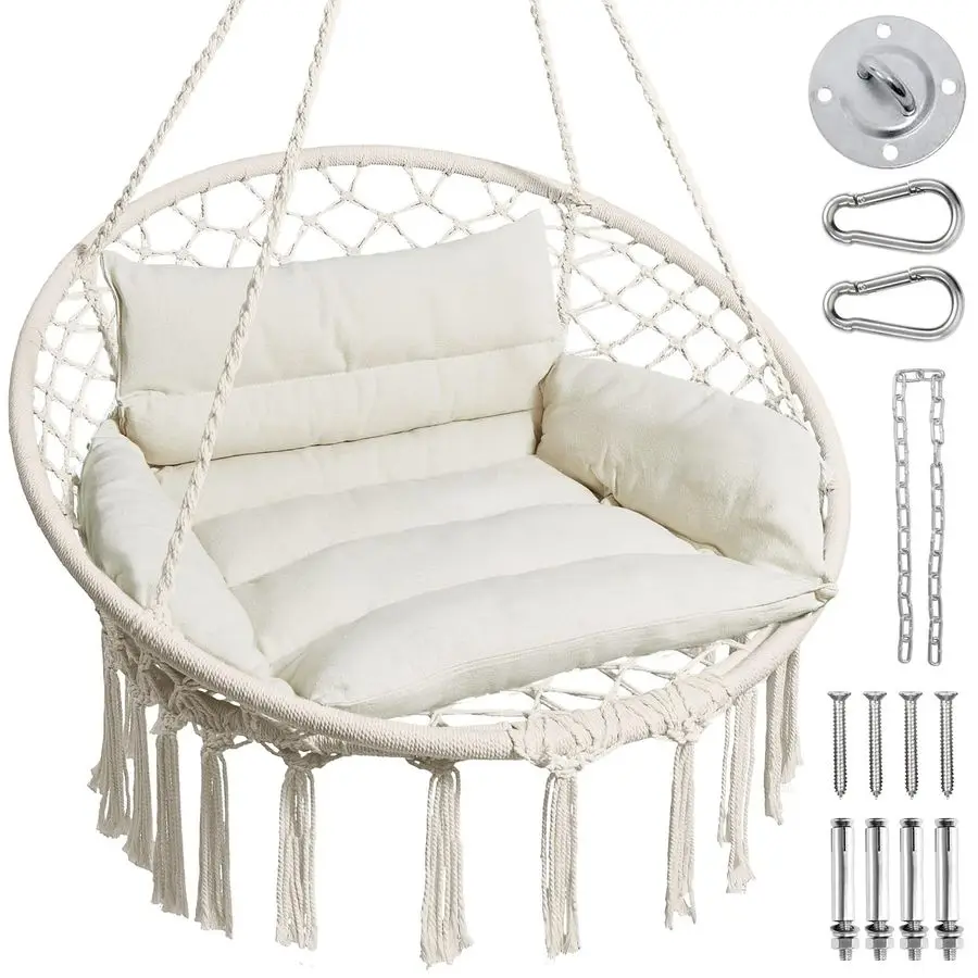 

Hammock Chair, Macrame Swing Chair with Comfy Cushion, Boho Hanging Chair for Outdoor amp Indoor, Perfect for Bedroom, Patio, B
