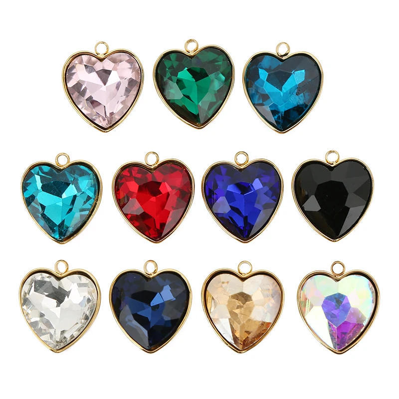 5pcs/lot Stainless Steel Heart Glass Pendants Faceted Birthstone Crystal Charms for DIY Bracelet Earring Necklace Jewelry Making