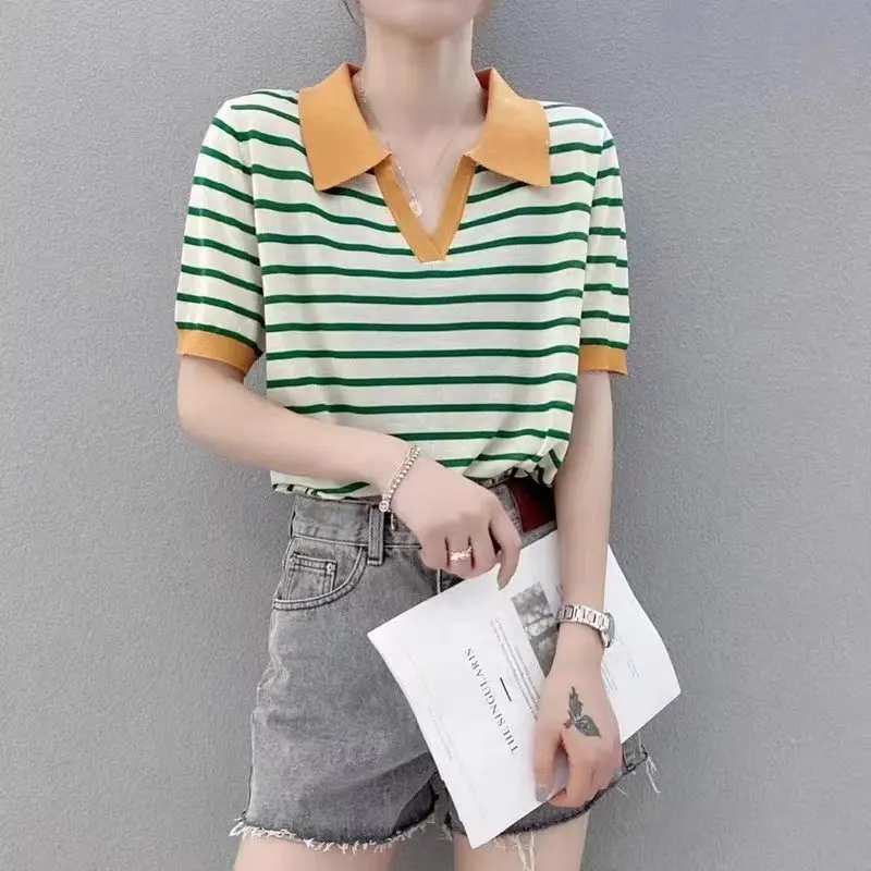 2024 Summer New Commuter Knitwear T-shirt Women\'s Ice Silk Breathable POLO Neckline Fashion Simple Short Sleeve Striped Top