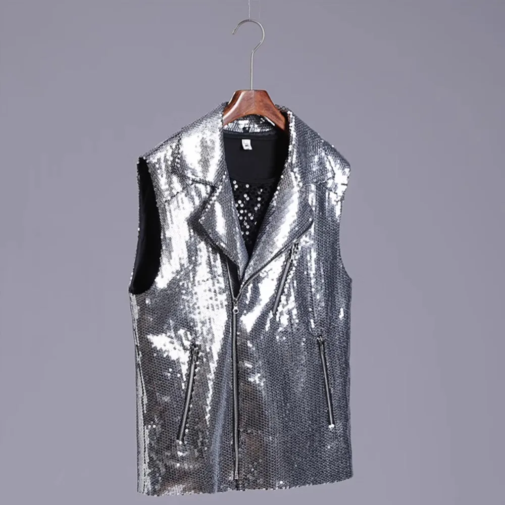 

2025 Men's Silver Sequins Vest Zipper Nightclub Stage Waistcoat Male Singer Bar Stage Concert Performance Shiny Coat Costume