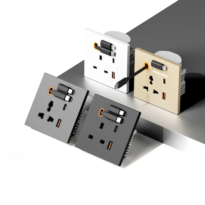 Universal Multi-Function Type 86 Concealed 3-Hole 20W Fast Charging Type-C Retractable Cable USB 80CM with 2 Round Holes for UK