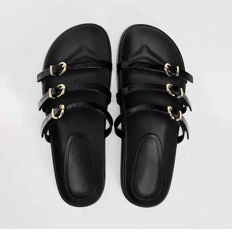 Black Metal Buckle Flat SlipperWomen Round Head Open Toe Flatfrom Slppers for Woman Casual Cozy Indoor Thick Sole Shoes 2024