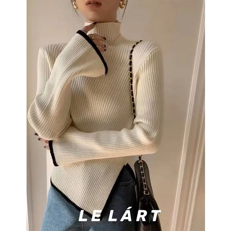 

Korean Irregular Slit Hem Knitted Sweater for Women's Top High Neck Solid All-match Slim Bottoming Shirt Fashion Vintage Clothes