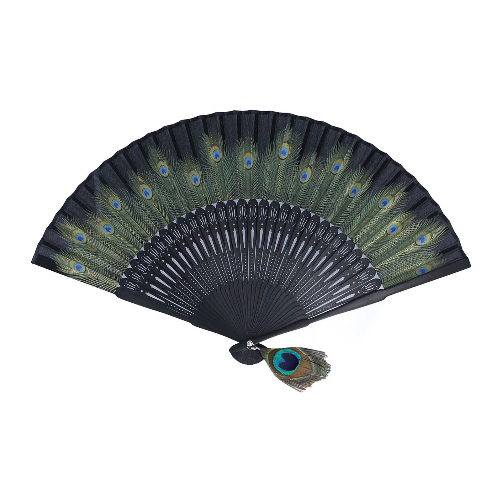Folding Fan Black Bones Beautiful Peacock Pattern Antique Bamboo Hand Fan for Performance Clothes Decoration Gift Folding Fan