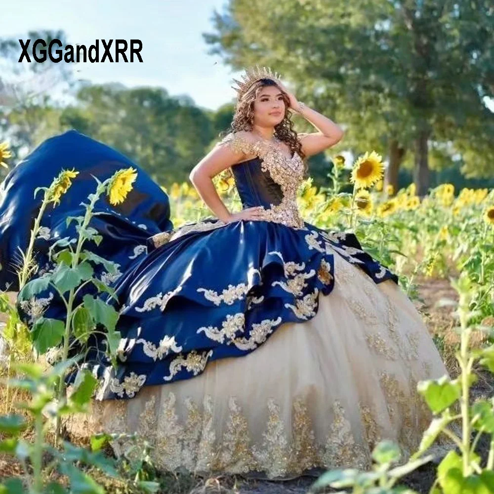 Vestido De baile azul champán para Quinceañera, traje De princesa dulce 16, apliques dorados, Vestido mexicano De Quinceañera, capa De 15, 2024