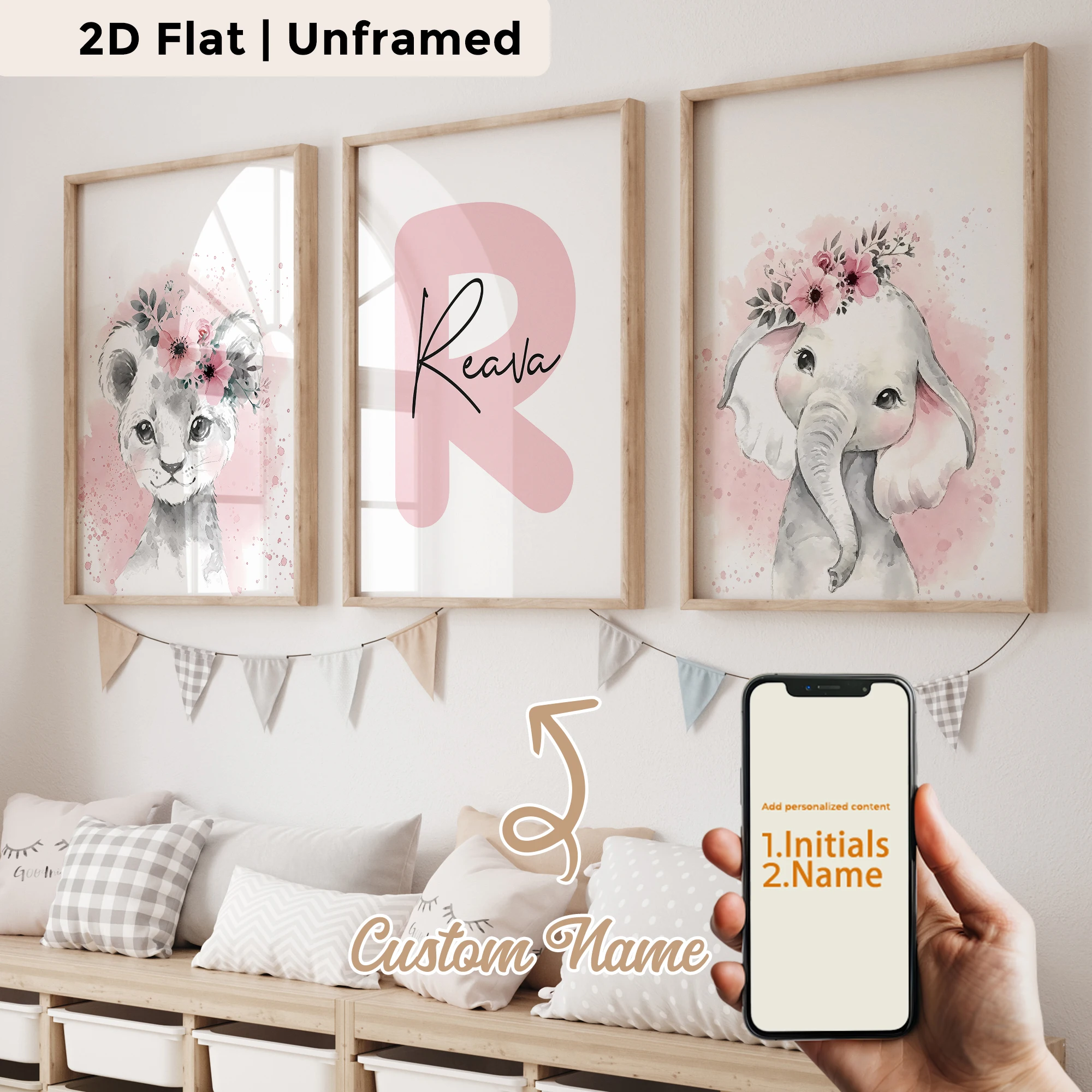 3pcs Personalized Custom Name Pink Elephant Leopard Wall Art Print Picture Canvas Poster Painting For Living Room Home Decor