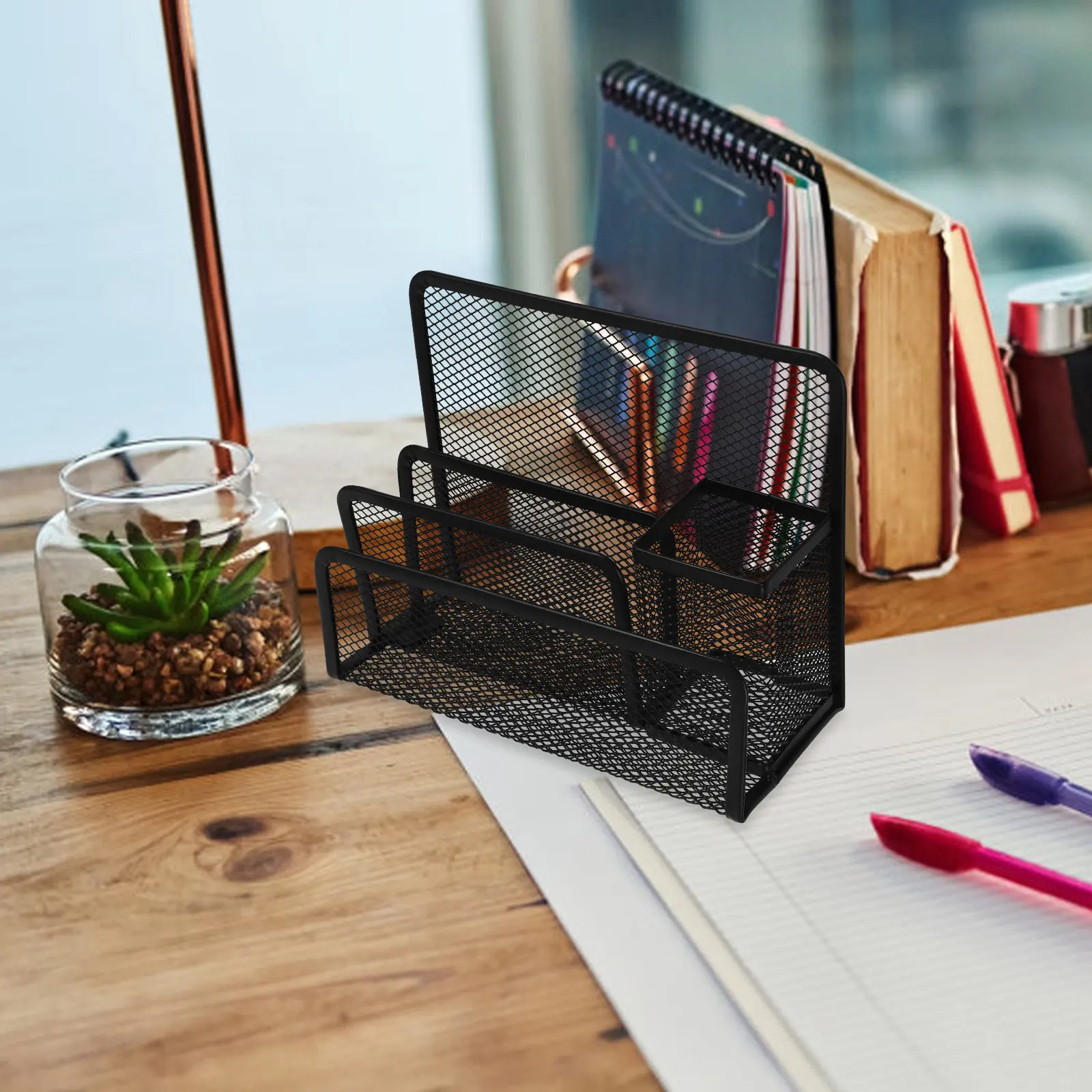 

Compact Black Iron Mesh Desktop Organizer for Desk Files Letters Pens Envelopes Vertical File Holder Organizer