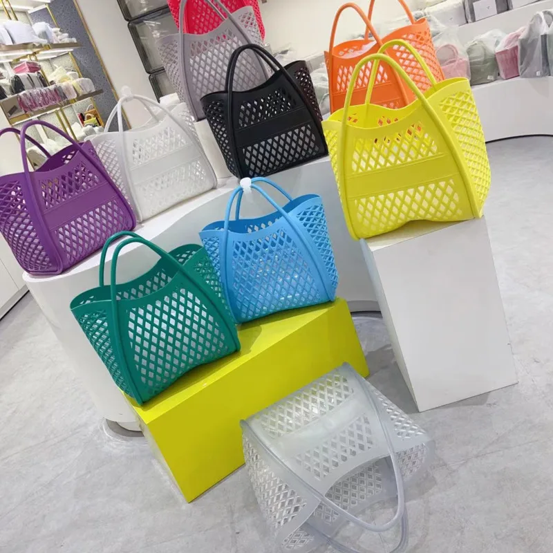 

30cm New PVC Jelly Beach Hollow Design Handbag 2024 Fashionable Large Capacity Picnic Bath Shopping Multi Functional Storage Bag