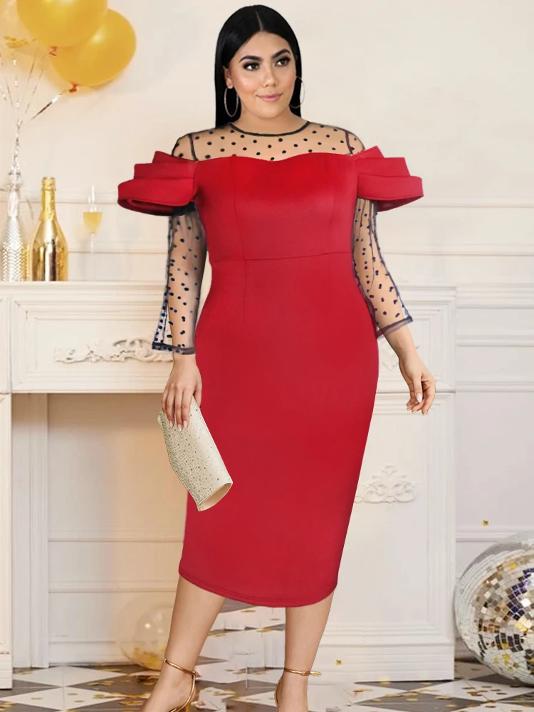 Vintage Patchwork Plus Size Dresses 4XL 5XL Women Sexy Bodycon Three Quater See Trough Dot Sleeve Elegant Evening Party Dress