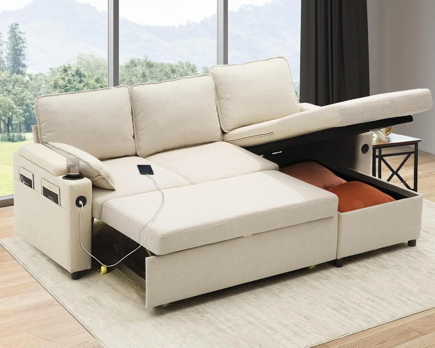 2 in 1 Sectional Sofa Bed Sleeper, Couches with Storage,USB, Cup Holder,Pullout Sectional Couches