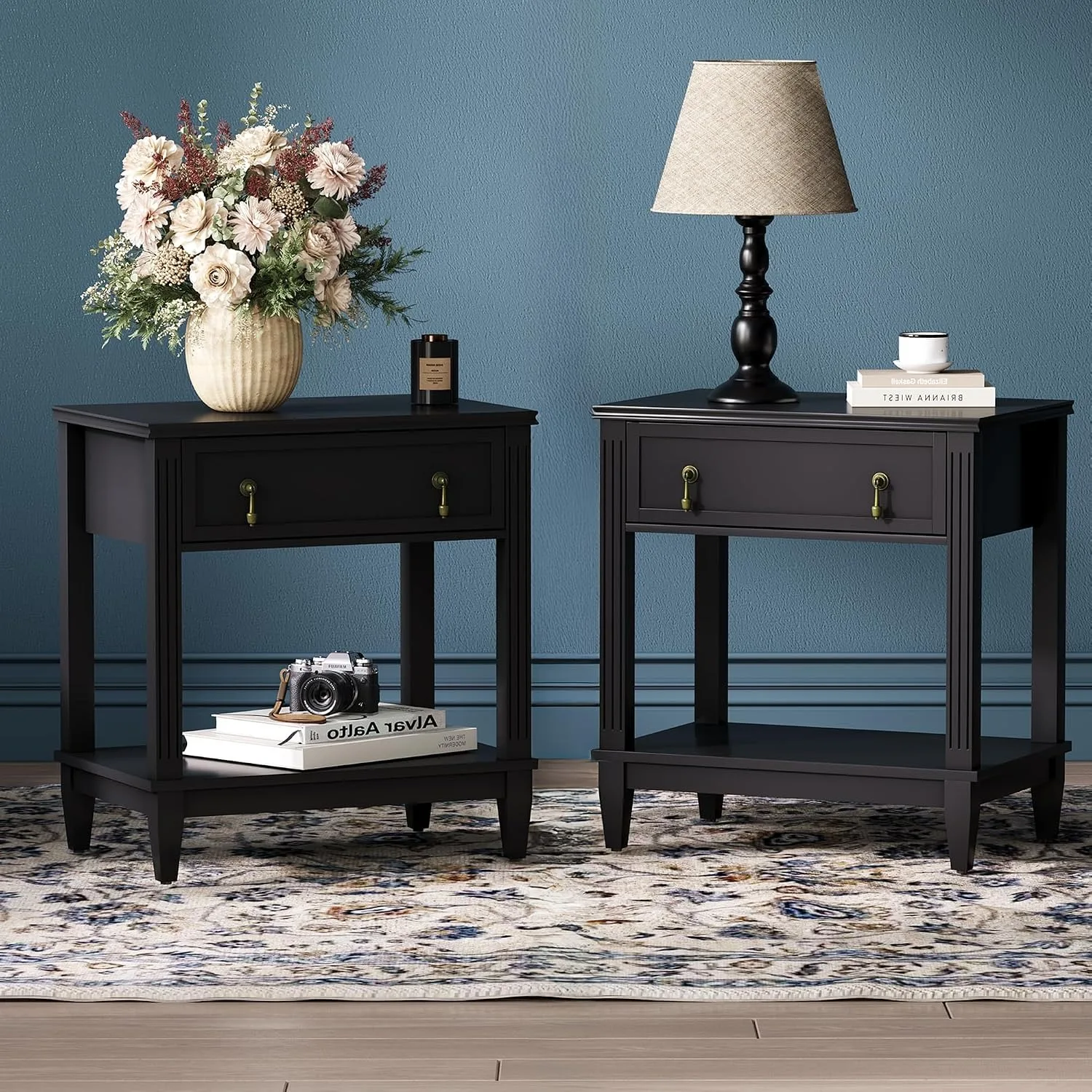 24 Inch Nightstands Set of 2 with Drawer, Side Table with 1 Drawer and Open Shelf, Vintage Small Bedside Table with Handles, 2-Tier Storage Shelves End Table for Bedroom, Dorm (Black)