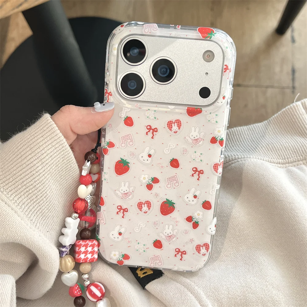 Niedliche Erdbeer-Kaninchen-Handyhülle für iPhone 17 14 15 Pro 16 Pro Max – Polka Dots Cartoon Stoßfeste Schutzhülle mit Scharnier – Detail 5