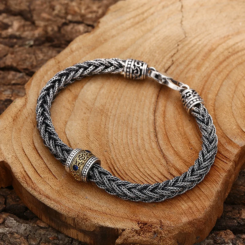 

925 sterling silver hand weaving bracelet as right as rain thick type men and women trendy Thai silver retro distressed ornament