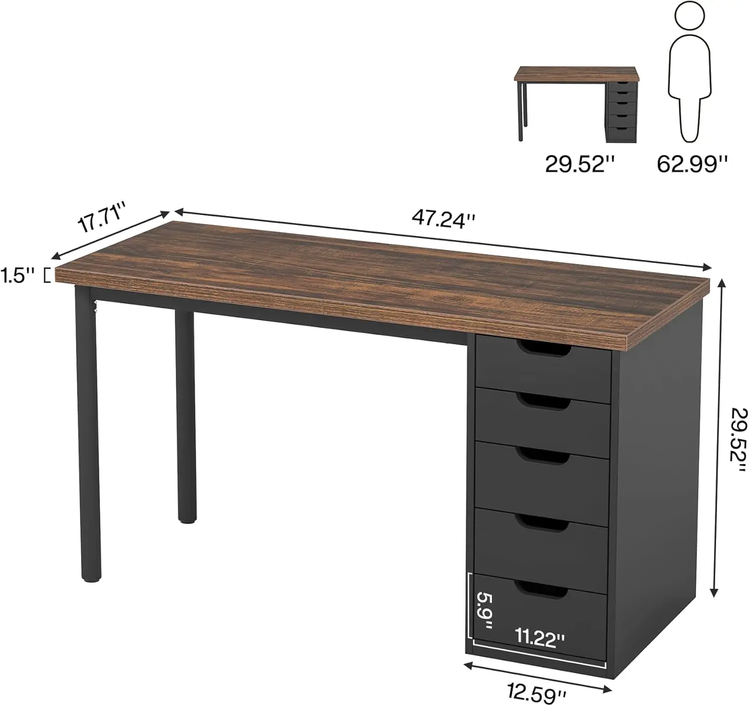 Tribesigns Computer Desk with 5 Drawers, 47 inches Rustic Brown Home Office Desk with Storage, Modern Simple Laptop Desk Study W