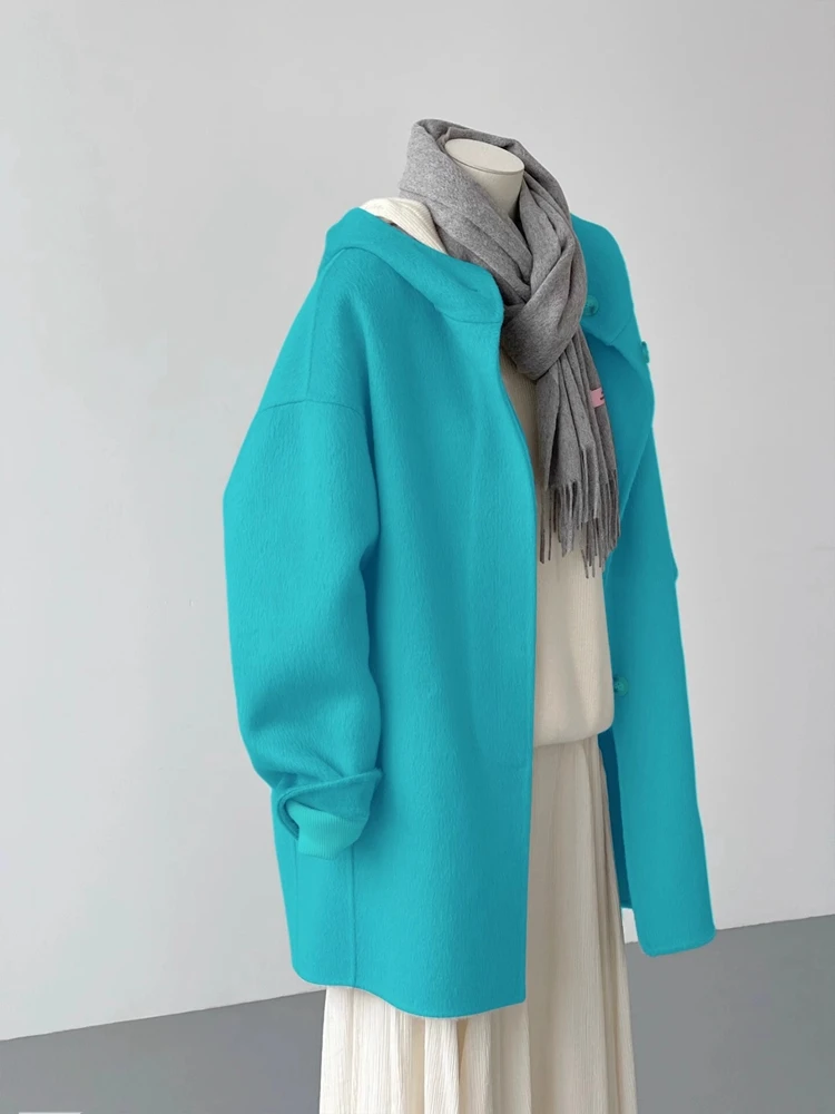 

Winter New Style Korean Loose Fit Short Coat Women's Lake Blue Woolen Jacket with Hood High Fashion Sensation Hepburn Wind