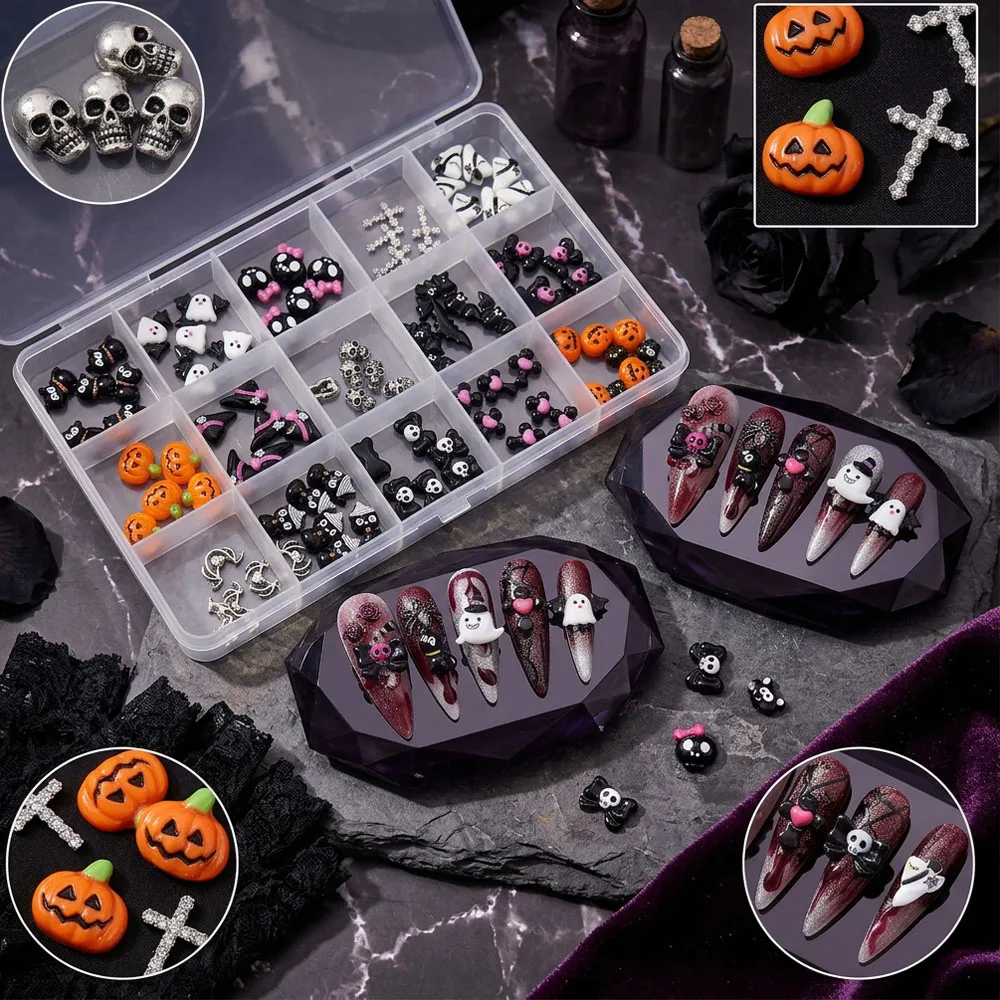 15grids Halloween 3D Resin Nail Charms Mixed Cartoon Pink Bow Ghost Bat Pumpkin Skull Nail Decor DIY Sweet Cool Manicure Supplie - view 4