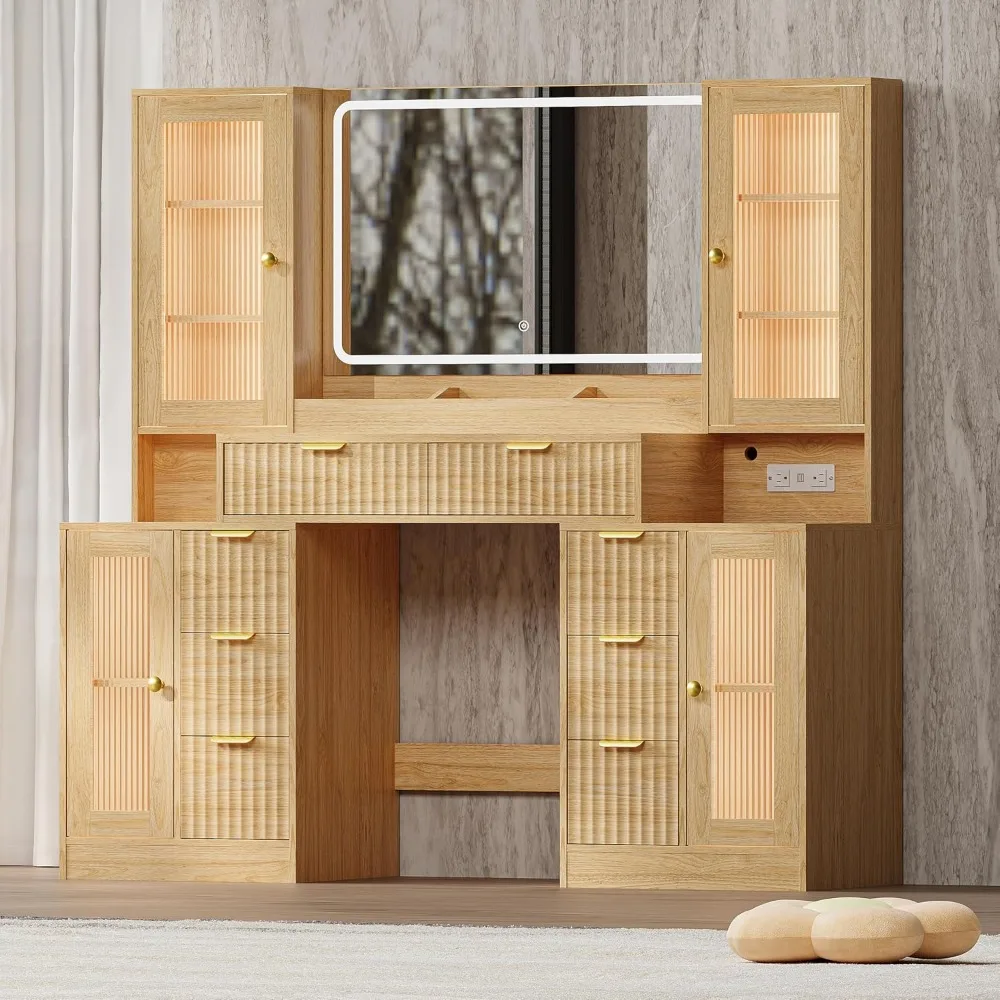 55" Glass Top Vanity Desk with Mirror, Lights, Drawers and RGB Cabinets, Modern Dressing Table Set for Bedroom