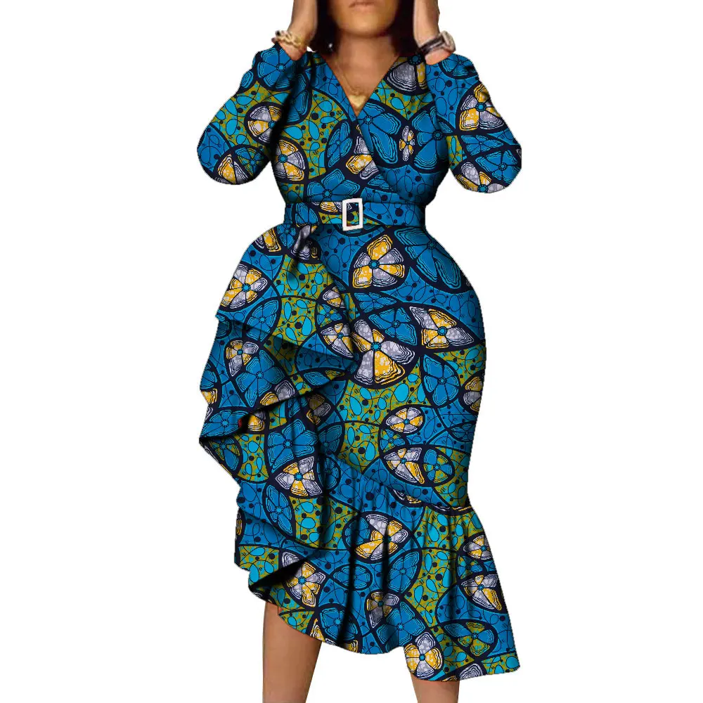 navy blue dress for baby girl African Long Sleeve Women's Dress Wax Printed Kitenge Design Ruffle  Irregular Hemline Dresses African Women Party Clothes WY676