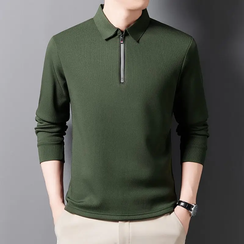 Spring Autumn Turtleneck Half Open Collar Solid Color Zipper Pullover Men's Clothing Casual Formal Polo T-shirt Fashion Tops