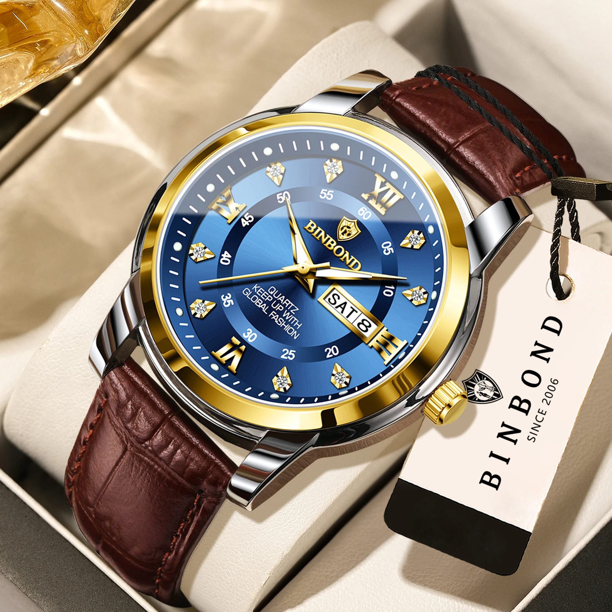 BINBOND Waterproof Luxury Quartz Wristwatches For Men Luminous Men's Watch Leather Strap Reloj Relogios Masculino +Gift Box