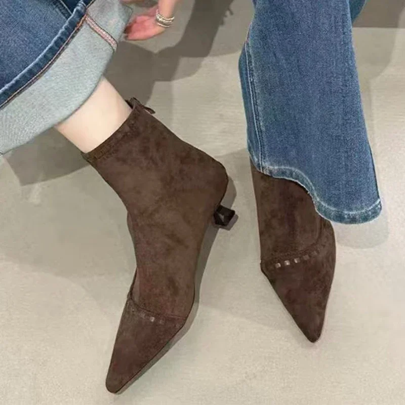 Pointed Toe Women's Ankle Boots Suede Luxury Mid Heels Shoes Fashion Dress Winter Boots 2025 New Designer Short Botas De Mujer